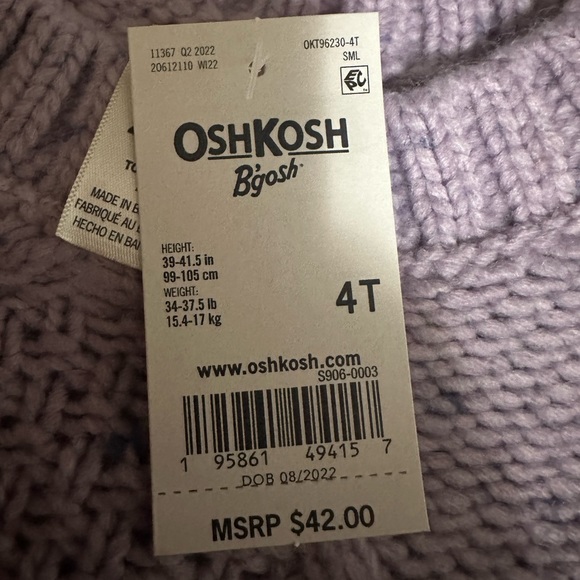 New! Oshkosh B’gosh Girls Purple Long Sleeve Sweater Size 4T - Picture 6 of 6